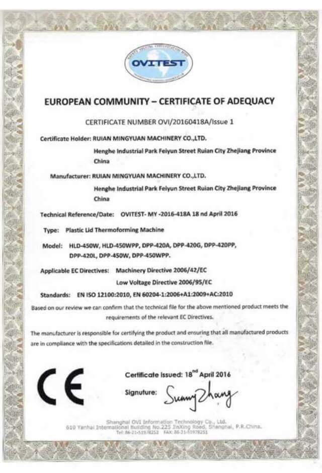 Plastic Lid Machine CE Certificate